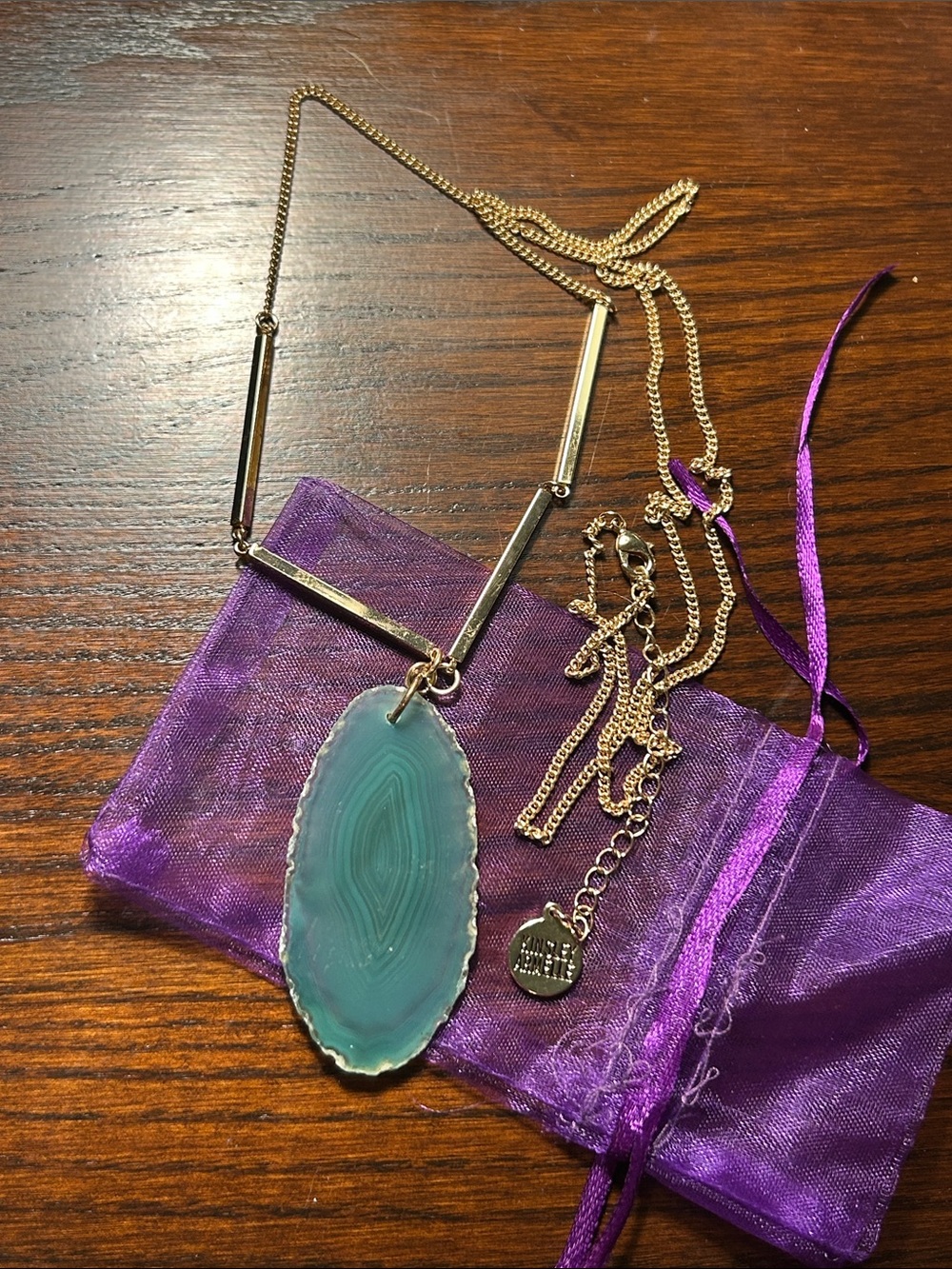 Kinsley Armelle Gold-Tone Necklace with Green Agate Slice Pendant